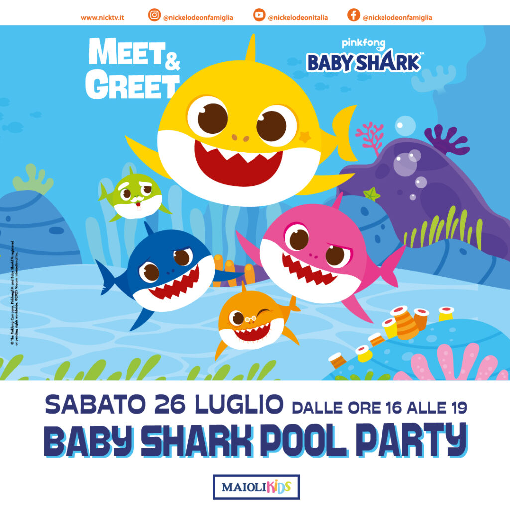 Baby Shark, pool party, evento bimbi, gadget, giochi